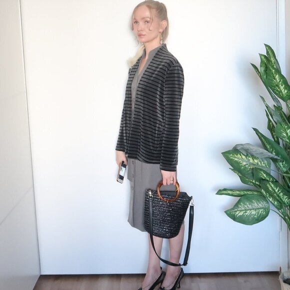 Talbots Grey & Black Striped Open Front Velvet Cardigan - Picture 13 of 16